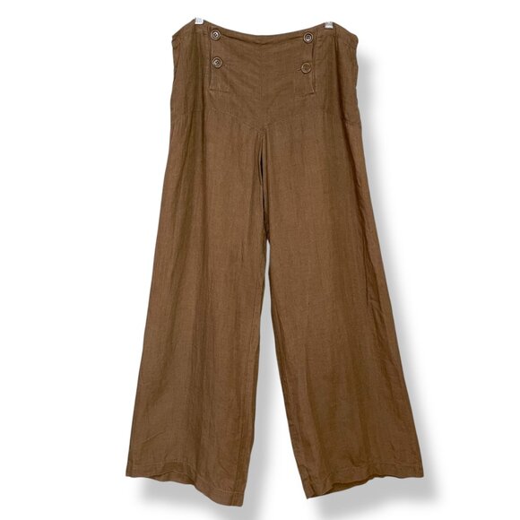 Max Studio Linen Pants Wide Leg Brown Sailor Button Front Drawstring Size Medium - Picture 1 of 13